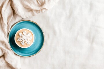 Aufkleber - A beautifully decorated gingerbread cookie shaped like a snowflake rests on a light blue ceramic plate, creating an inviting display against a soft cream backdrop