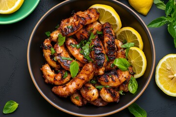 Poster - Tender grilled calamari rings are beautifully arranged on a textured ceramic plate, garnished with vibrant herbs and lemon slices for a fresh touch