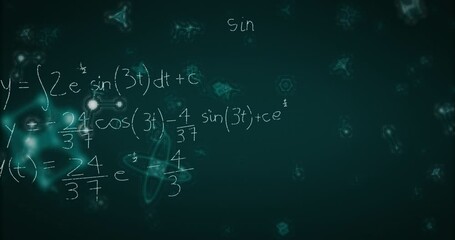 Poster - Glowing symbols and equations on green background in educational animation scene