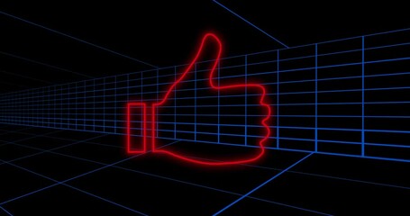 Poster - Glowing red neon thumbs-up symbol over blue grid background with animation