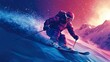 © wen - Full-body skier in low-poly art style on dark background, vector illustration crafted in Adobe Illustrator, featuring flat design, poster-style graphics with vibrant color splashes, high contrast,