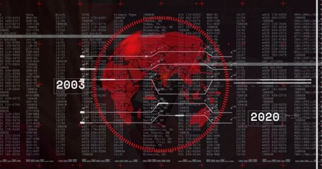 Poster - Animation of red digital world map with data overlay on black background