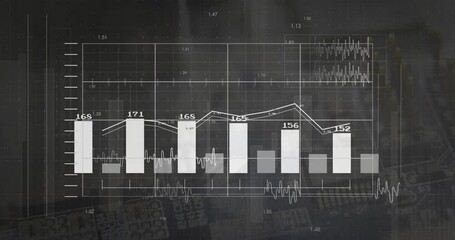 Poster - Animation of fluctuating data trends with bar and line charts on dark background