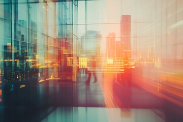 Fototapete - Abstract Cityscape with Blurred Figures and Data Overlay in Modern Office Building