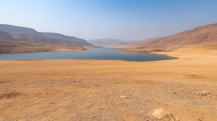 Aufkleber - Golden sand dunes cradle a glassy oasis reflecting the blue sky, creating a serene desert landscape bathed in midday sunlight with open space on the right