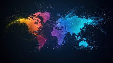 Poster - Global Network Nodes Connection Network nodes with different colors representing various regions or continents, symbolizes global diversity and interconnectedness