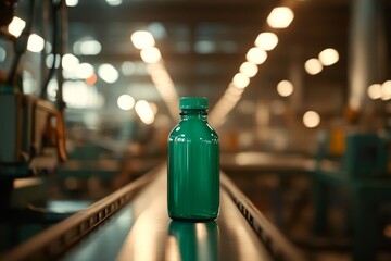 Poster - A green glass bottle is in motion on a conveyor belt in an industrial factory, illuminated by soft overhead lighting, with a blurred background highlighting its journey