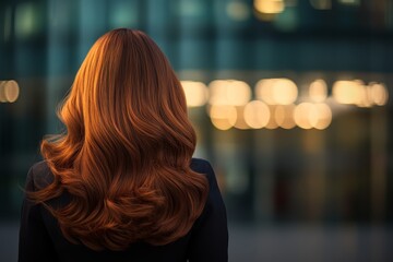 Leinwandbilder - A woman stands in front of a large window, with sunlight illuminating her shoulder-length, softly curled chestnut-brown hair, creating a warm atmosphere
