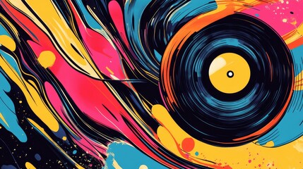 Poster - Abstract design featuring a vinyl record at the center surrounded by dynamic splashes of bright colors, creating an energetic visual impact