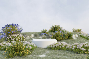 Wall Mural - abstact 3d render winter scene and natural background, snow stone podium on the snow ground with gra