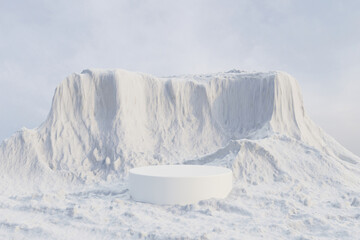 Wall Mural - 3d render winter platform and realistic natural background, snow podium on the ice snow mountain, ba