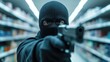 © Slowlifetrader - a masked person aiming a handgun inside a store aisle, dramatic tension and threat atmosphere