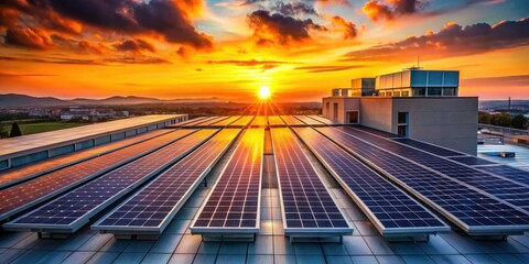 Sunset Glows on a Building's Solar Panel Array, a Symbol of Sustainable Energy and Environmental Responsibility