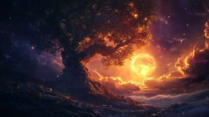 Wall Mural - Burning tree with vibrant glow against a night sky with stars