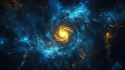 A vibrant spiral galaxy with swirling blues and golds.