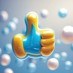 Poster - Colorful 3D thumbs up symbol against a backdrop of bubbles in soft blue hues during a bright setting