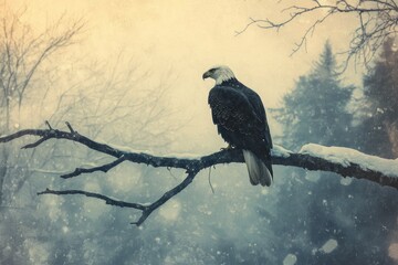 a majestic bald eagle perched on a snow-covered branch in a wintry forest, a serene scene.