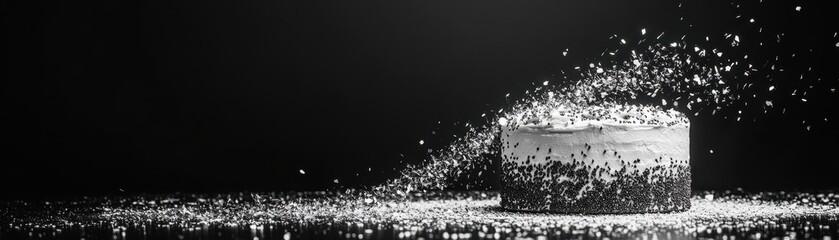 Poster - Abstract Monochrome Image of Crumbling Structure with White Particles on Black Background