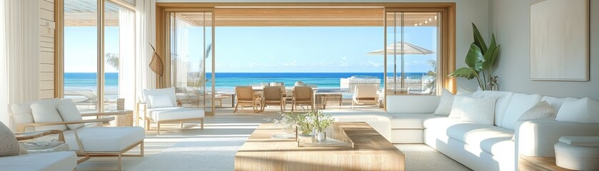 Poster - Bright White Beach House Interior with Ocean View