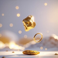Poster - golden ring and nugget suspended in an artistic display with blurred golden background