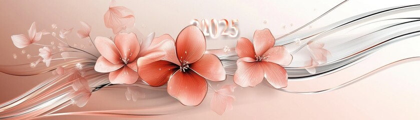 Poster - Delicate Peach and Pink Watercolor Flowers with Abstract Wave Background