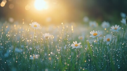 Poster - Field of White Daisies at Sunrise with Dew Drops