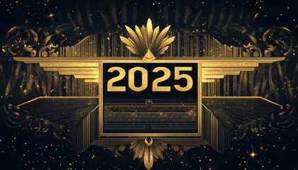 Aufkleber - Gold 2025 New Year Art Deco Design with Geometric Wings and Sparkle