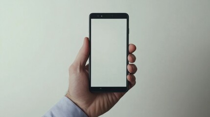 Man hand holding smartphone isolated blank white screen