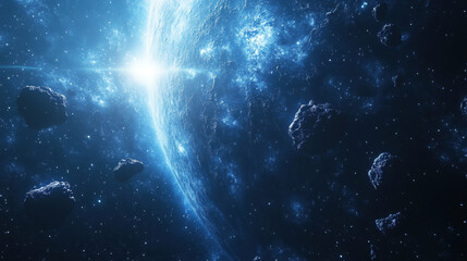 a planet in space with asteroids and a bright sun