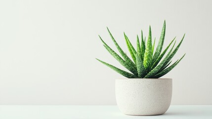 Poster - Small Aloe Vera Plant in a Speckled White Pot on White Table