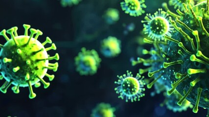 Poster - Vibrant Microbial World with Colorful Bacteria and Viruses Illuminated in a Dim Environment, Captivating Scientific Exploration of Tiny Life Forms