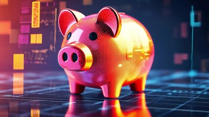 Poster - Glowing Piggy Bank in Futuristic Digital Environment Representing Saving, Finance, and Investment Concepts with Bright Colors and Technology Vibes