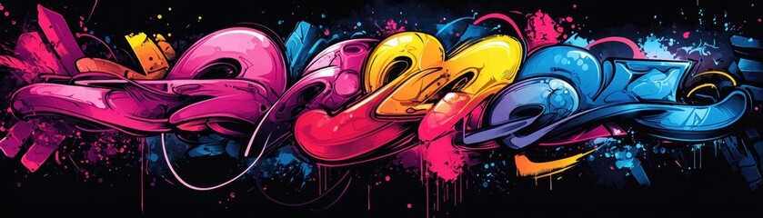 Poster - Vibrant Abstract Graffiti Art with Pink, Blue, and Yellow Splashes on Black Background