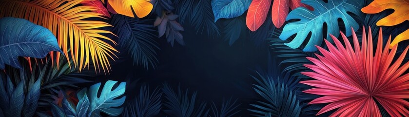 Poster - Vibrant Tropical Leaves and Flowers on Dark Background