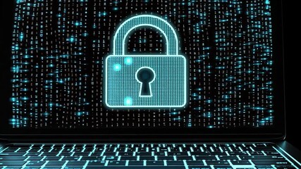 Poster - Futuristic Laptop Displaying Digital Lock Icon Surrounded by Glowing Binary Code Representing Cyber Security and Data Protection Concepts