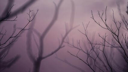Poster - Atmospheric landscape with bare tree branches silhouetted against a misty background during twilight hours