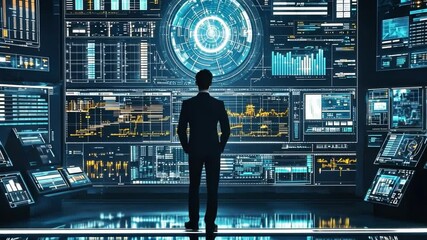 Poster - Futuristic Office Environment with a Person Analyzing Data on High-Tech Screens Surrounded by Digital Information and Graphs in a Dark Atmosphere