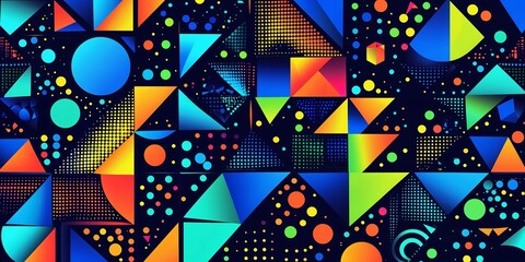 Poster - a vibrant, futuristic abstract vector background filled with dynamic geometric shapes, including triangles, circles, and polygons. 