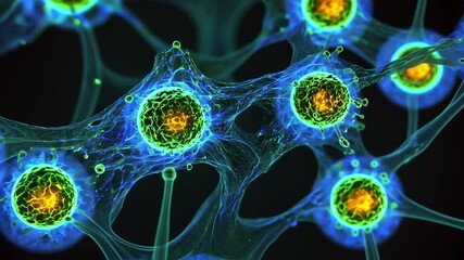 Aufkleber - Colorful and Detailed Representation of Cells with Intricate Structures Illuminated by Blue and Green Light on a Dark Background