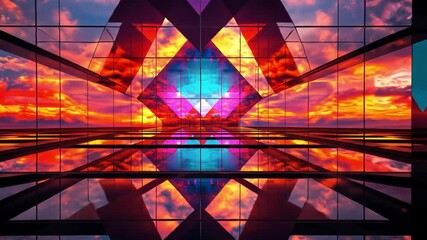 Poster - Vibrant Reflection of Abstract Architectural Space with Colorful Sunset Illuminating Glass Walls and Geometric Shapes in Futuristic Environment