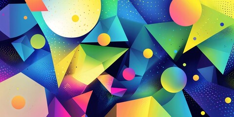 Poster - a vibrant, futuristic abstract vector background filled with dynamic geometric shapes, including triangles, circles, and polygons. 