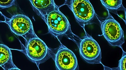 Poster - Colorful microscopic view of cellular structures with bright yellow and blue elements showcasing intricate patterns against a dark background