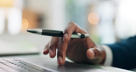 Aufkleber - Hands, business and man with laptop, pen and planning with stress, risk management and anxiety. Closeup, corporate professional and employee in office, keyboard and nervous with solution or click