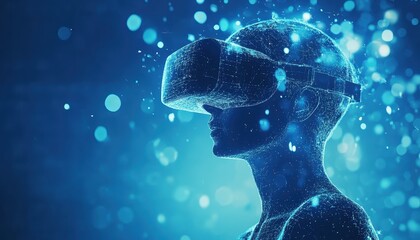 Poster - Profile of a Person Wearing a Glowing Virtual Reality Headset in a Blue Digital Space