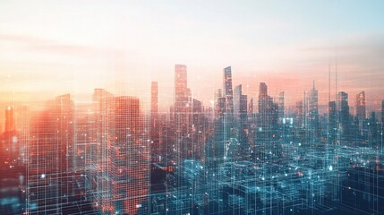 Poster - Digital Double Exposure of a City Skyline with Futuristic Elements