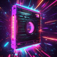 Poster - Retro Style Cassette Tape in Cosmic Light Burst Background