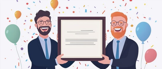 Poster - Two smiling business partners collaborate in a modern environment, showcasing teamwork and professionalism in a flat design style.