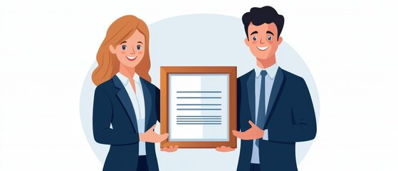 Aufkleber - Two smiling business partners in a modern office setting, showcasing collaboration and success in a flat design style.