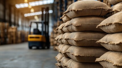 Poster - Stacked Burlap Bags in Warehouse Setting with Forklift in the Background for Agricultural and Industrial Use