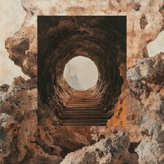 Poster - Ascending to the Light: A Stairway Through a Stone Tunnel, Framed by Natural Rock Formations and Leading to an Open Exit